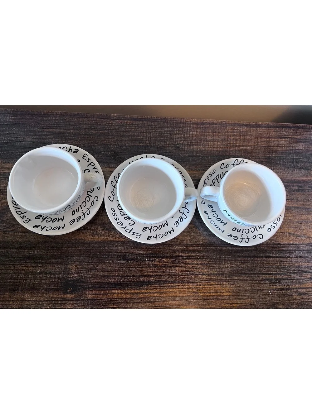 Lot of 3 white espresso cups saucers black cursive text coffee cappuccino mocha